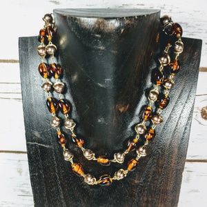 Vintage Double Strand Brown Glass & Metal Necklace